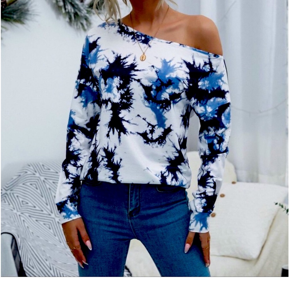 White Blue Tie Dye Off-Shoulder Top